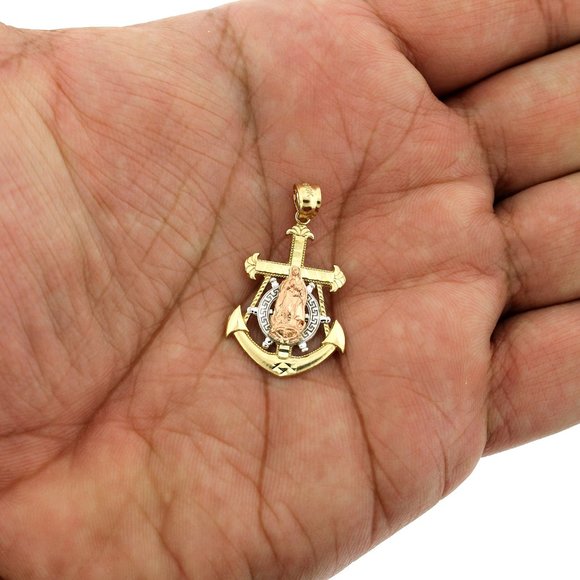 10K Real Gold Rope Chain and Virgin Mary Anchor Cross Pendant Set - Picture 3 of 9